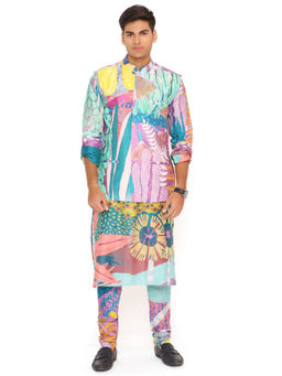 PS Men by Payal Singhal - Purple Tropical Print Dupion Silk Bandi Kurta and Churidar (Set of 3)