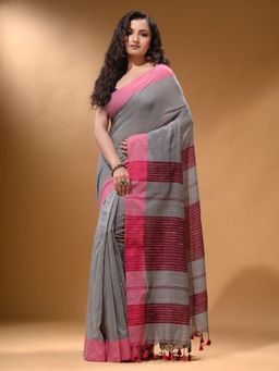 Arhi - Grey Cotton Handspun Soft Pompom Saree with Unstitched Blouse