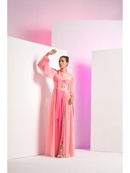 MANDIRA WIRK - Fondant Pink Sleeve Tie-Up And Front Slit In Long Maxi Dress