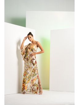 MANDIRA WIRK - Ochre Floral Rush Printed Satin One Shoulder Maxi Dress