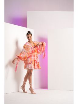 MANDIRA WIRK - Orange Fancy Fusion Floral Short Tiered Mini Dress