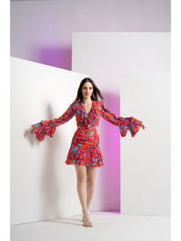 MANDIRA WIRK - Red Printed Mesh Ruffle At Neck Short Mini Dress