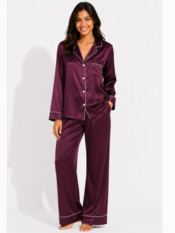 Noite Luxe - Women Wine Solid Shirt with Pyjama
