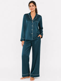Noite Luxe - Women Pelagia Teal Solid Shirt with Pyjama