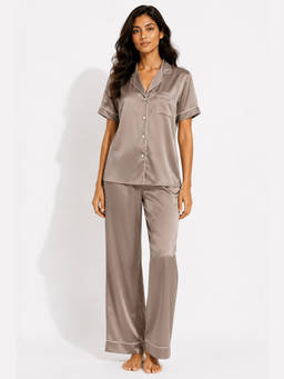 Noite Luxe - Women Taupe Solid Half Sleeves Shirt with Pyjama