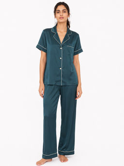 Noite Luxe - Women Pelagia Teal Solid Half Sleeves Shirt with Pyjama