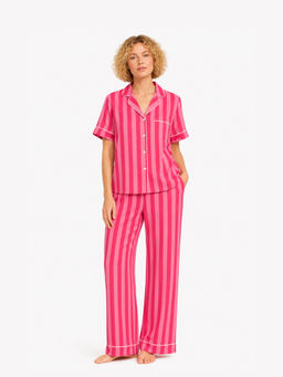Noite Luxe - Women Bonbon Pink Stripes Printed Half Sleeves Shirt with Pyjama