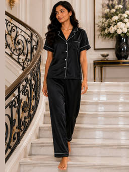 Noite Luxe - Women Obsidian Black Solid Half Sleeves Shirt with Pyjama