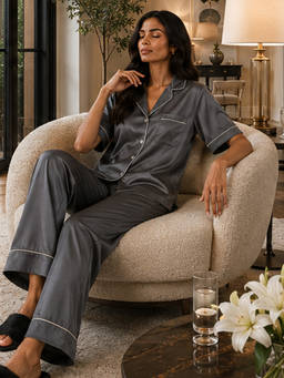 Noite Luxe - Women Mercure Grey Solid Half Sleeves Shirt with Pyjama