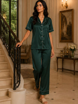 Noite Luxe - Women Laurel Green Solid Half Sleeves Shirt with Pyjama