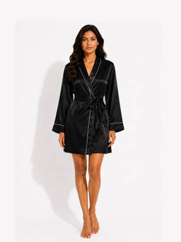 Noite Luxe - Women Obsidian Black Solid Satin Robe