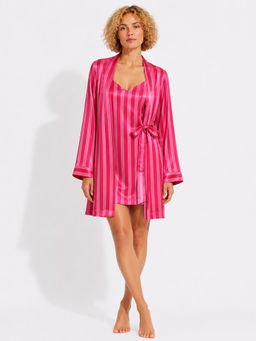 Noite Luxe - Women Bonbon Pink Stripes Printed Night Dress with Robe
