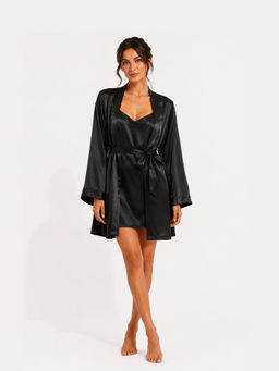 Noite Luxe - Women Obsidian Black Solid Night Dress with Robe