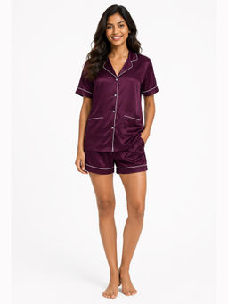 Noite Luxe - Women Mure Wine Solid Half Sleeves Shirt with Shorts