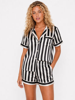 Noite Luxe - Women Eclipse Black-White Stripes Printed Half Sleeves Shirt with Shorts