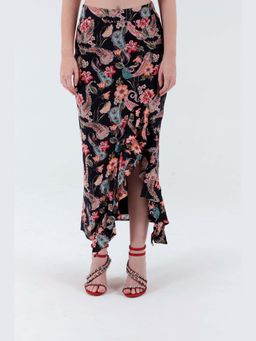 XAYA - Margot Black Printed Ruffle Maxi Skirt