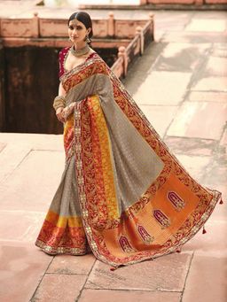 Odette - Womens Grey Dola Silk Saree with Unstitched Blouse