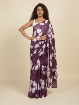Suta - Purple and White Handcrafted Shibori Cotton Saree