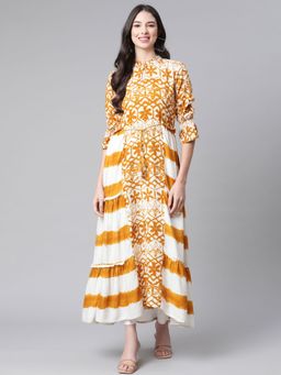 Indibelle - Rayon Mustard Floral Print A-line Kurta