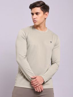 Technosport - Men Beige Polyester Self Design Slim Fit T-Shirt