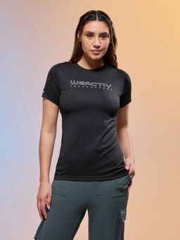 Technosport - Women Black Polyester Typography Regular Fit T-Shirt