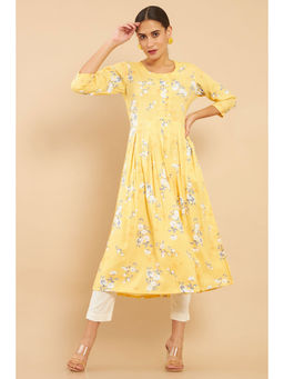 Soch - Mustard Rayon Screen Printing Flared Fit Kurta