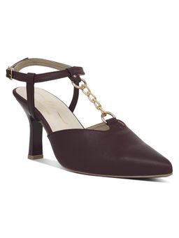 London Rag - Women Metallic Chain T Strap Heels - Burgundy