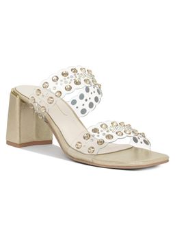 London Rag - Women Metallic Clear Strap Block Heels - Gold