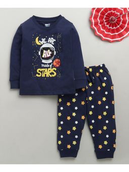Bumzee - Navy Blue Boys Full Sleeves Cotton T-Shirt & Pyjama