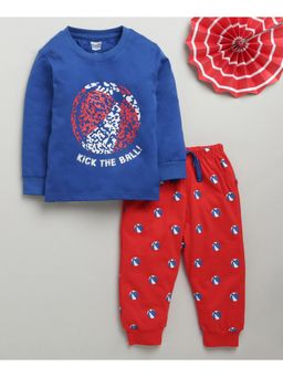 Bumzee - Royal Blue & Red Boys Full Sleeves Cotton T-Shirt & Pyjama