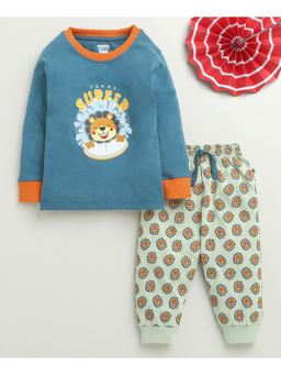 Bumzee - Teal & Olive Boys Full Sleeves Cotton T-Shirt & Pyjama