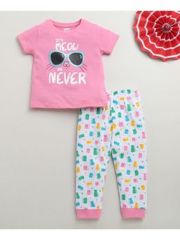Bumzee - Pink & White Girls Half Sleeves Cotton T-Shirt & Pyjama