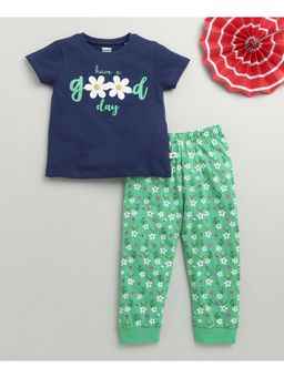 Bumzee - Mint Green & Navy Blue Girls Half Sleeves Cotton T-Shirt & Pyjama