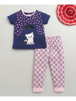 Bumzee - Navy Blue & Pink Girls Half Sleeves Cotton T-Shirt & Pyjama