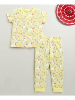 Bumzee - Yellow Girls Half Sleeves Cotton T-Shirt & Pyjama