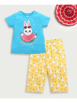 Bumzee - Blue & Yellow Girls Half Sleeves T-Shirt & Capri