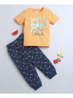 Bumzee - Orange & Navy Blue Boys Half Sleeves T-Shirt & Pyjama