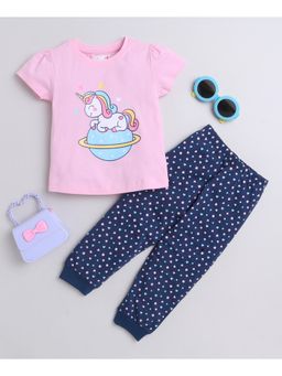 Bumzee - Navy Blue & Pink Girls Half Sleeves T-Shirt & Pyjama