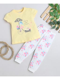 Bumzee - White & Yellow Girls Half Sleeves T-Shirt & Pyjama