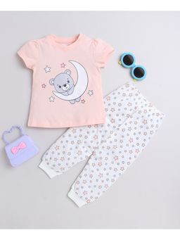 Bumzee - Peach & White Girls Half Sleeves T-Shirt & Pyjama