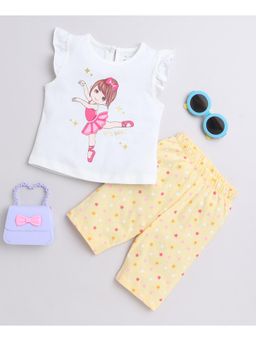 Bumzee - Off White & Yellow Girls Sleeveless T-Shirt & Capri