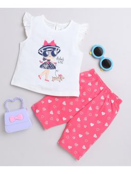 Bumzee - Off White & Pink Girls Sleeveless T-Shirt & Capri