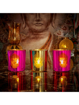 HomeTown - Zahara Glass Buddha Candle Holder Set of 3 in Pink Colour
