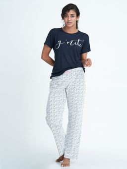 mackly - Womens Printed Tshirt & Pyjama Set-Black