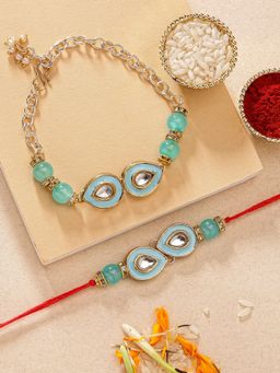 Karatcart - Gold Plated Light Blue Handmade Kundan Bhaiya Bhabhi Rakhi Combo