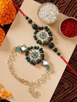 Karatcart - Gold Plated Green Beads Floral Kundan Bhaiya Bhabhi Rakhi Combo