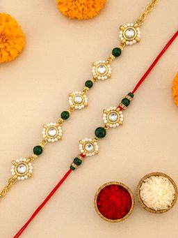 Karatcart - Gold Plated Green Beads Handmade Kundan Bhaiya Bhabhi Rakhi Combo
