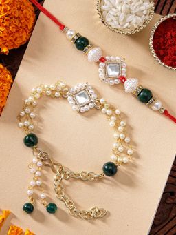 Karatcart - Gold Plated Green Pearl Beads Handmade Kundan Bhaiya Bhabhi Rakhi Combo