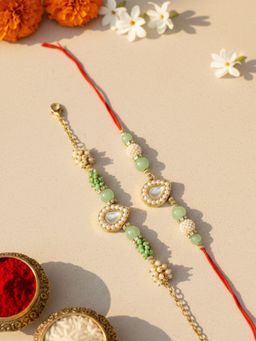Karatcart - Gold Plated Light Green Crystal Kundan Bhaiya Bhabhi Rakhi Combo