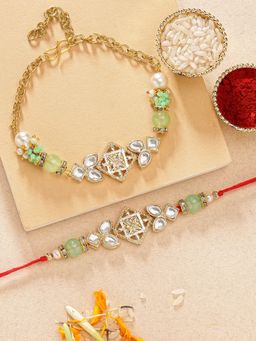 Karatcart - Gold Plated Light Green Beads Kundan Bhaiya Bhabhi Rakhi Combo